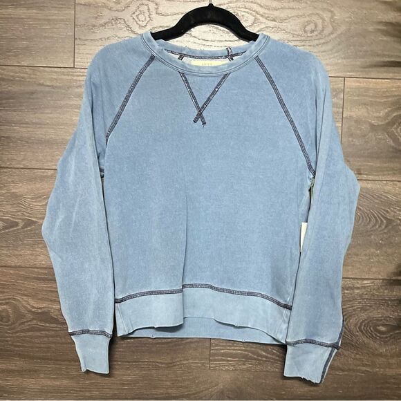 AE 77 by American Eagle Distressed Waist-Length Crewneck Sweatshirt in Blue. NWT - Picture 1 of 7